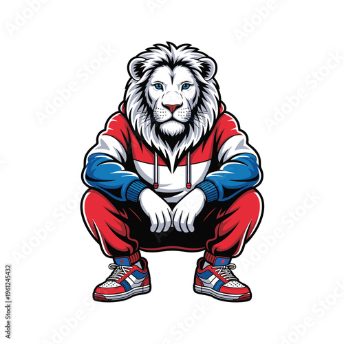 White lion wearing sporty tracksuit set