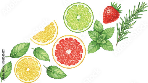 Botanical citrus and herb vector set. Realistic illustrations of grapefruit, lemon, lime slices, mint leaves, rosemary, and strawberry for organic beverage and spa design.