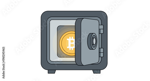 Minimalist vector graphic of an opened safe door revealing a Bitcoin cryptocurrency coin inside, symbolizing secure digital investments, financial protection, and crypto wealth in modern eco