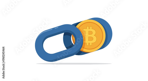 Conceptual flat design image showcasing the connection and integration between a blue chain link and a golden Bitcoin cryptocurrency coin, symbolizing digital finance and blockchain technolo