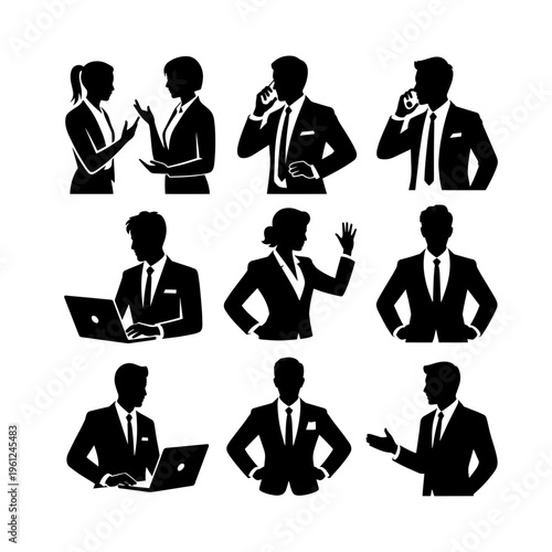 Silhouettes of Business Professionals in Suits for Corporate and Technological Ideas.