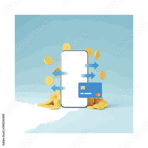 Mobile payment with virtual coins and card transaction illustration
