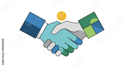 Digital handshake with a Bitcoin coin floating above, symbolizing partnership, investment, and cryptocurrency exchange interaction in a modern, flat-design style, emphasizing financial trans
