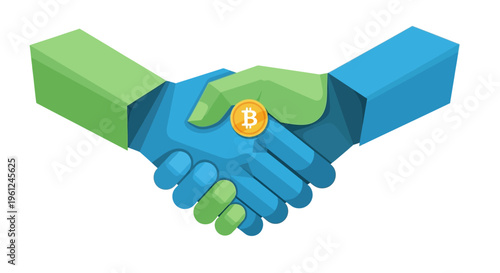 Isometric depicted handshake incorporating Bitcoin cryptocurrency, symbolizing financial agreement, digital asset exchange, blockchain technology, business partnership, and global economy tr