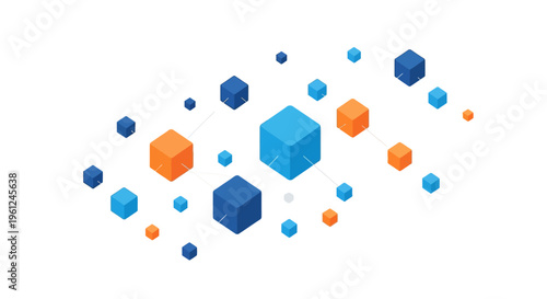 Abstract, isometric arrangement featuring numerous colorful, geometric cubes of various sizes, with central focus, conveying data, technology, or modern design principles, against a pristine