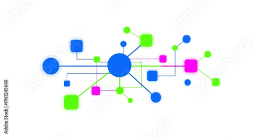 Abstract digital network design featuring interconnected nodes, squares, and lines in a colorful, bright, flat, minimalist style, suitable for technology, data, and connection themes.