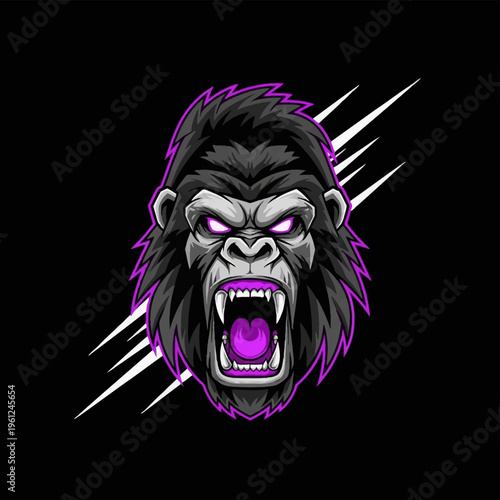 Furious Gorilla Head with Glowing Eyes and Open Mouth.