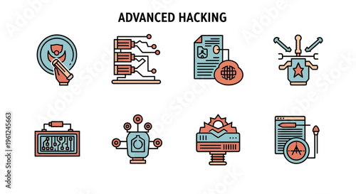 A detailed flat vector collection of icons illustrating advanced hacking concepts and cyber security elements, showcasing digital intrusion tools and network vulnerabilities, symbolizing dat
