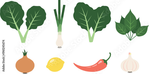 Organic vegetable and herb vector set. Flat icons of leafy greens, spring onion, fresh garlic, chili pepper, onion, and lemon for healthy cooking design.