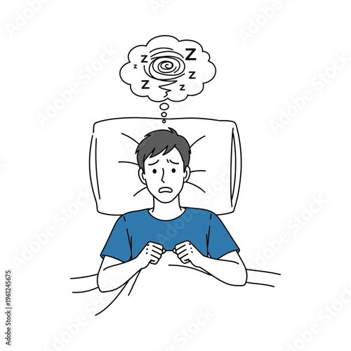 A person struggling to fall asleep despite being in bed with sleep thoughts swirling in their mind