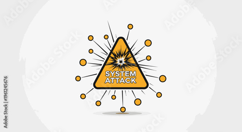 Conceptual digital representation of a System Attack scenario depicted through an infographic-style image. The focus is on a danger symbol over an abstract network