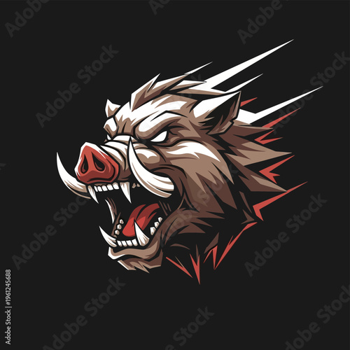 Furious Wild Boar Head Roaring Aggressively with Sharp Tusks.