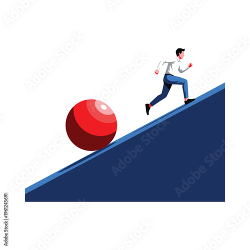 Business professional balancing on a seesaw with a large red sphere