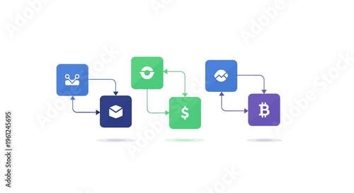 Abstract visual representation of financial transactions, data flow, and digital currency exchange processes rendered with geometric shapes and a minimalist design on a white background, con