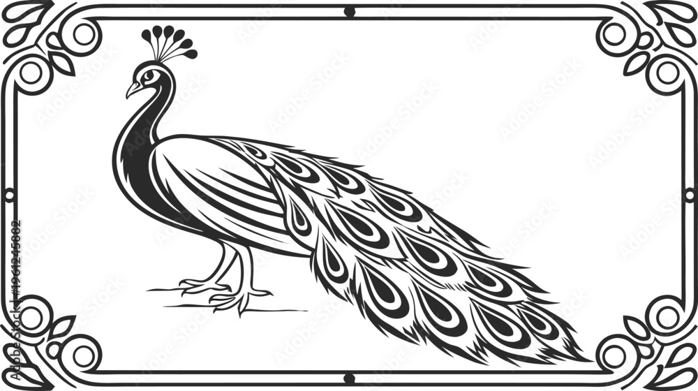 Fototapeta premium Black and white peacock in vintage line frame with floral corners