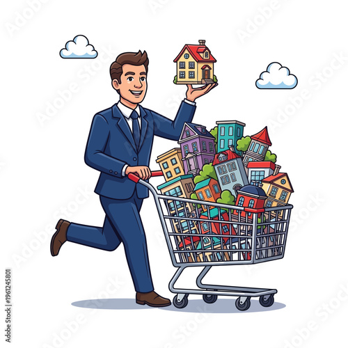 Businessman carrying a shopping cart full of colorful miniature houses and a house model.