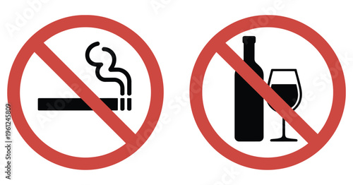 no smoking and no alcohol signs, no smoking icon and no drinking icon, red prohibition symbols, health safety warning concept, public restriction signage, clean lifestyle awareness illustration.