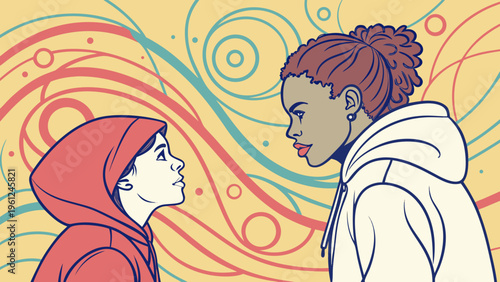 Modern illustration of two young women looking at each other with colorful abstract swirling patterns in the background, representing friendship and youth