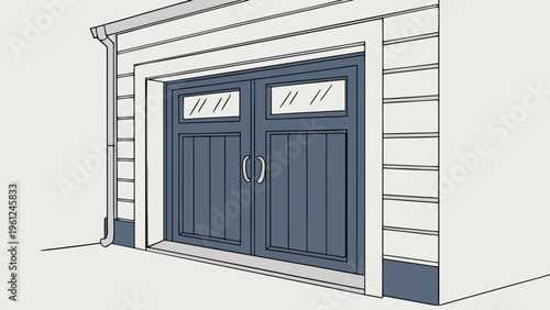 Illustration of a gray double garage door on a modern house with white clapboard siding, representing residential vehicle access, real estate