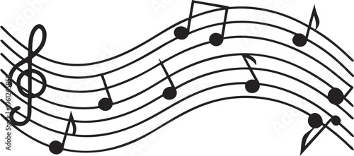 Wavy musical staff with black notes and treble clef musical notes wave music notation
