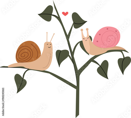 Cute romantic snails vector illustration on branch with leaves and heart, cartoon love concept, hand drawn nursery snails with pink and brown shell isolated on transparent background