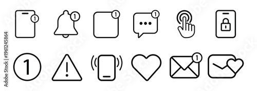 App Notification Icons.  Line icon set of App notifications: smartphone, notification bell, app icon, message bubble, badge, alert, vector illustration.