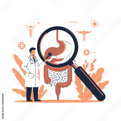 Doctor examining digestive system with magnifying glass for gut health analysis