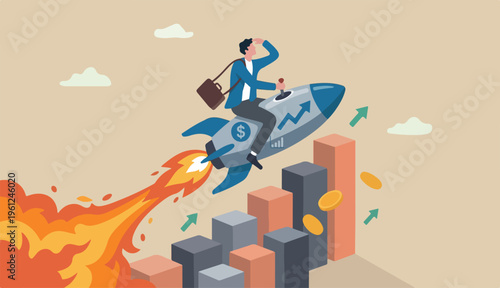 Boost rocket to business growing fast, investment growth, start launch ne business, innovation boost success, rising up improvement concept, businessman growth chart launching rocket