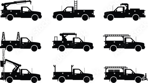 Black silhouette icons of utility trucks with cranes, ladders, booms, bucket lifts, and service vehicle configurations representing construction, maintenance, and industrial equipment illustration