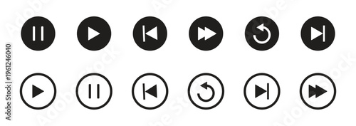 Set of circular media control buttons for video and audio playback featuring rewind play and pause symbols. vector illustration. EPS 10.