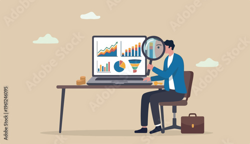 Market research data analysis, analyze business data financial report, SEO analytics profit and earning concept, businessman analyst with magnifying glass analyze data on computer laptop