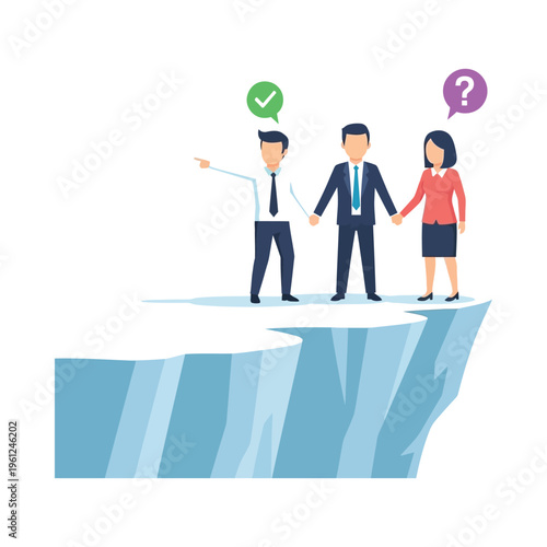 Team navigating a decision-making divide with uncertainty and confidence