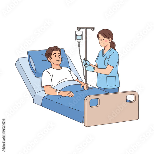 Nurse administering intravenous treatment to a patient in a hospital bed