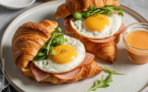 Two croissant sandwiches filled with ham, fried eggs, and fresh arugula