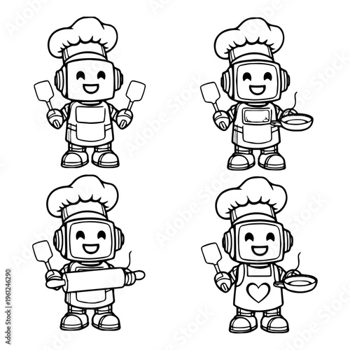 Futuristic Robot Chef and Kitchen Cooking Silhouette Collection