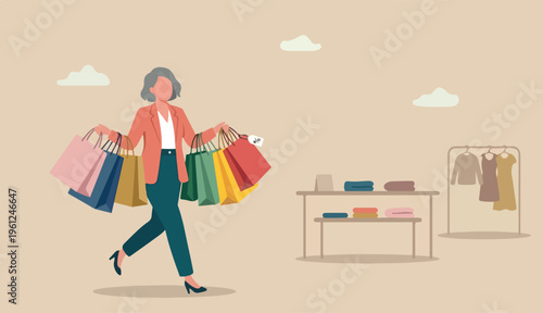 Shopping at retail store, happiness and joyful buying discount stuff, shopaholic into fashionable concept, stylish cheerful lady woman walking and carrying lot of shopping bags