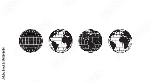 Four black and white globe images in a row on a plain background