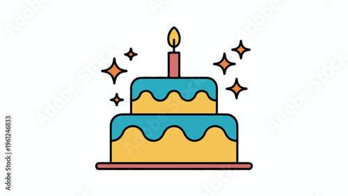 Two tier birthday cake with blue icing and candle on top with sparks