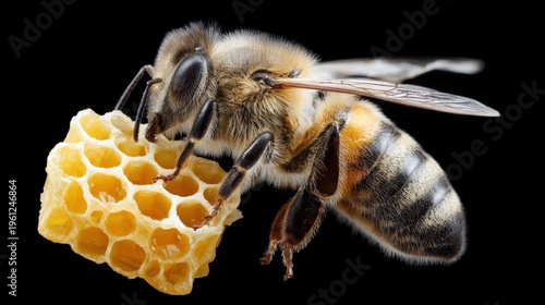 Close-up of honeybee on honeycomb against black background