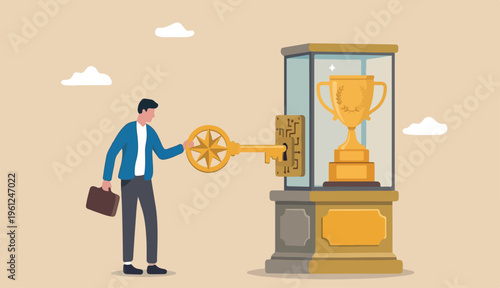 Unlock key to success, solution into achieve winning opportunity, chance challenge, ambition motivation succeed in life, hard work, businessman key success into unlock winning trophy.