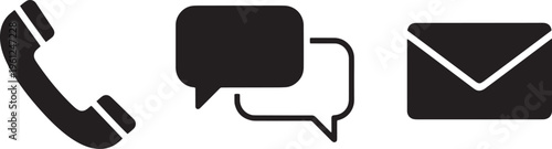 Customer service communication icons with phone message bubbles and email envelope on grid background.