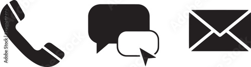 Customer service communication icons with phone message bubbles and email envelope on grid background.