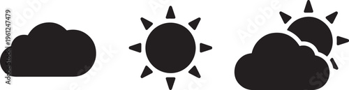 Collection of sun and cloud icons representing sunny weather and partially cloudy conditions.