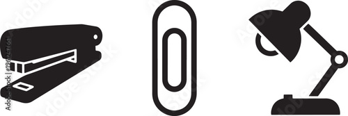 Workplace equipment icons featuring a stapler, paper clip, and desk lamp.