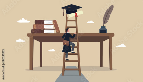 Education degree achievement, graduation college too university diploma, school learning classroom, wisdom scholar concept, young adult student in climb up Big desk ladder reach or graduate