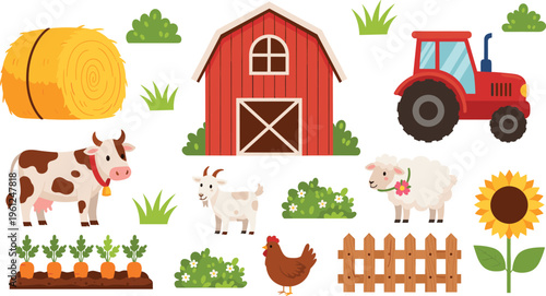 Cute farm animals barn vector set with cow goat sheep chicken tractor hay sunflower cartoon kids illustration pack