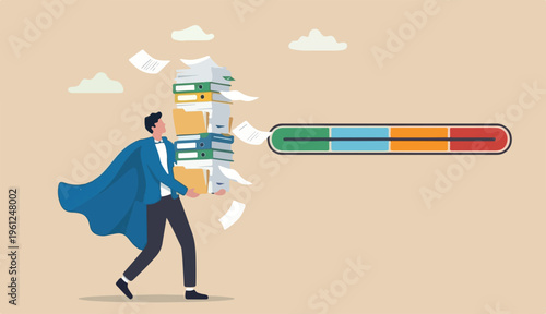 Ability to work under pressure, leadership skill success, control stressed complete within timeline concept, calm confident businessman working laptop or carrying load paperwork