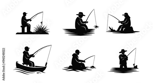 Several fishermen enjoying a peaceful day rendered as a striking silhouette