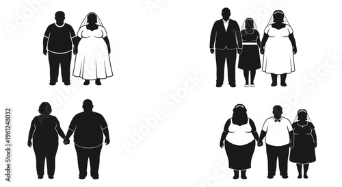 Diverse couples in wedding attire showcasing varying body types a silhouette