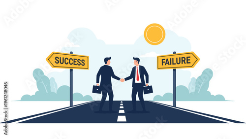 Two business partners shaking hands on a road between success and failure signs representing a critical deal or a new joint venture partnership.